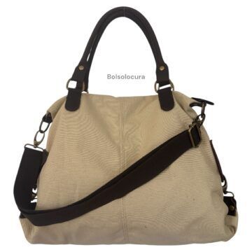 Bolso y Bandolera de Algodón con Cuero, oficina o universidad. De color beige