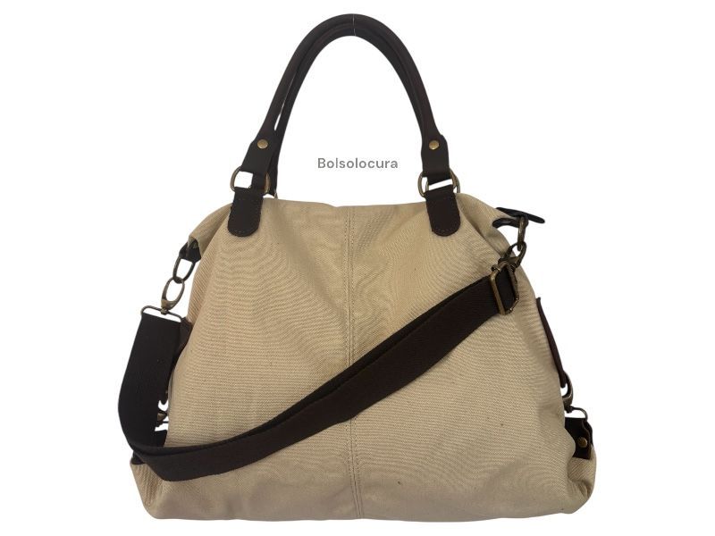 Bolso y Bandolera de Algodón con Cuero, oficina o universidad. De color beige