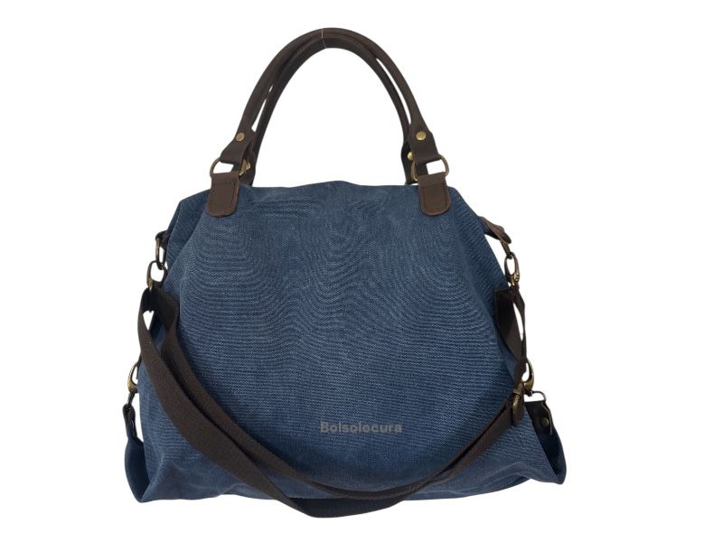 Bolso y Bandolera de Algodón con Cuero, oficina o universidad. De color azul